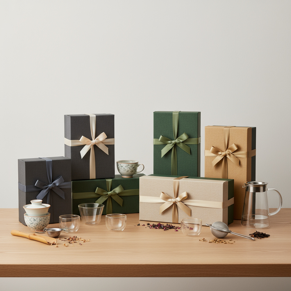 Boxed tea gift sets with ribbons and accessories