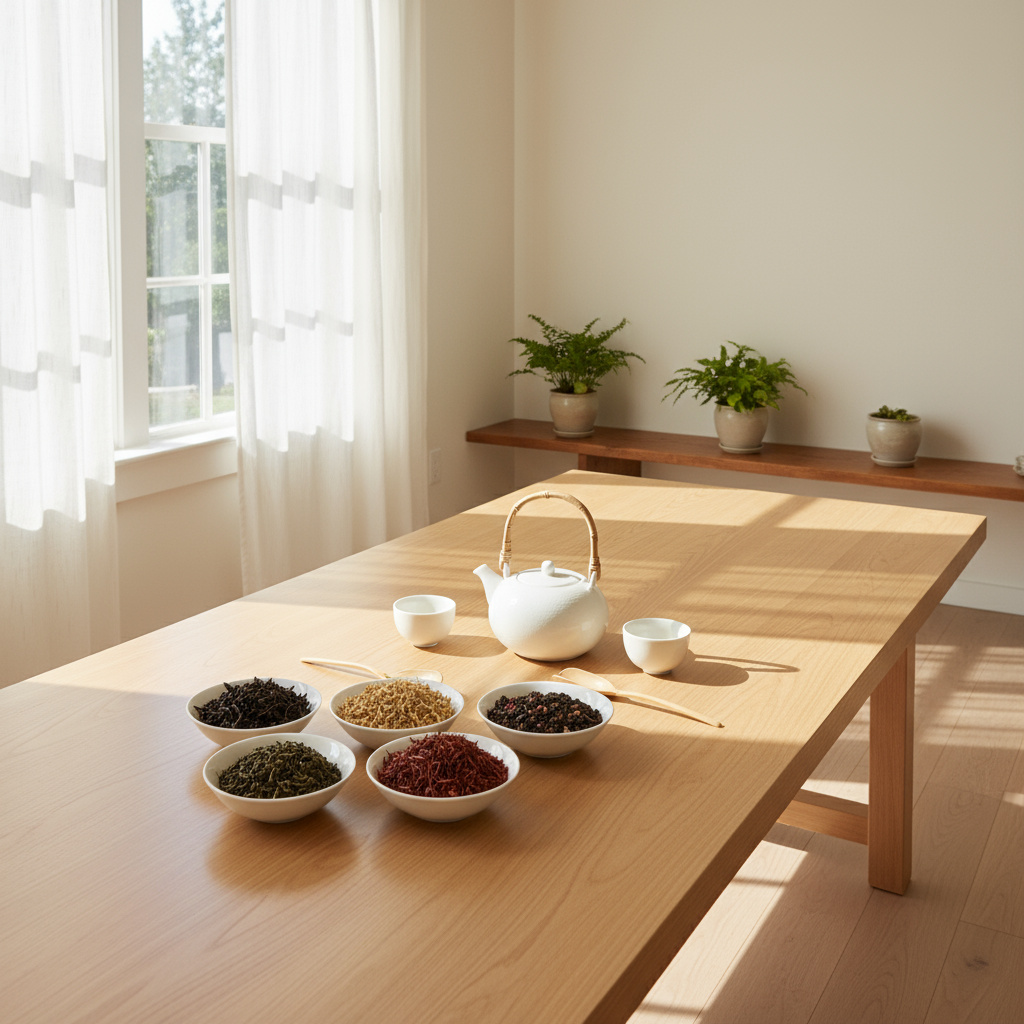 Inviting tea room with wooden table, teapot, cups, and loose-leaf teas