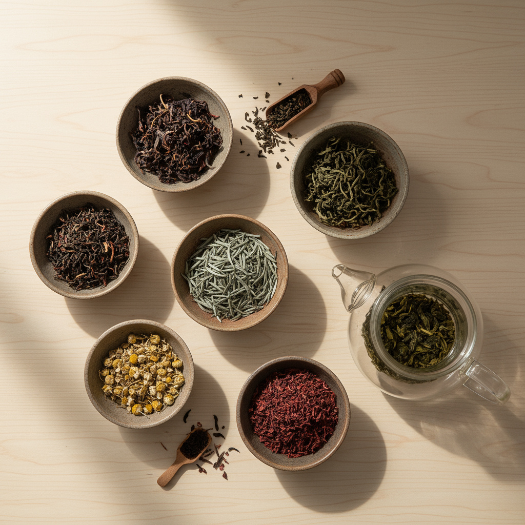 Loose-leaf teas displayed in ceramic bowls with a glass teapot and infuser