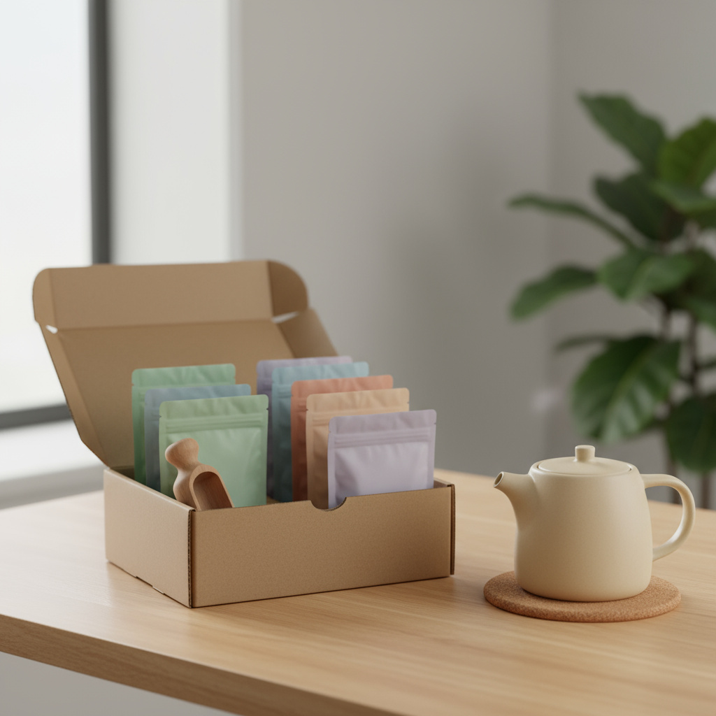 Subscription box with sealed tea pouches, scoop, and teapot
