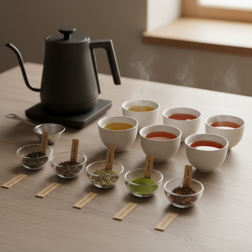 Tea flight setup with tasting cups, kettle, and measured tea leaves